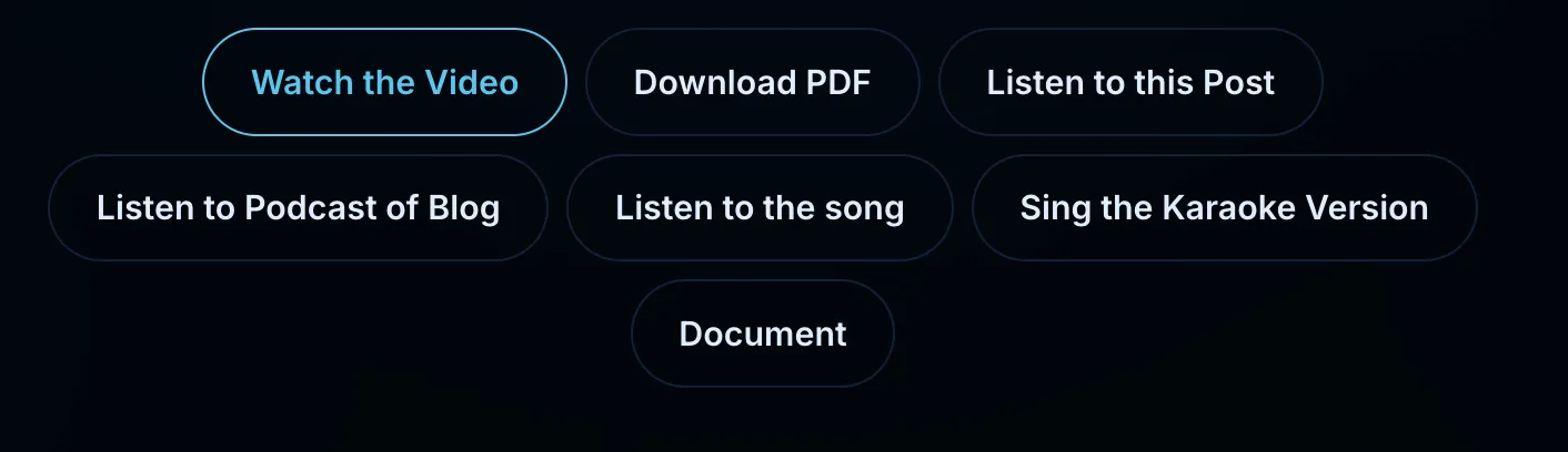 Blog post button bar with video, PDF, audio, podcast, song, karaoke, and document options