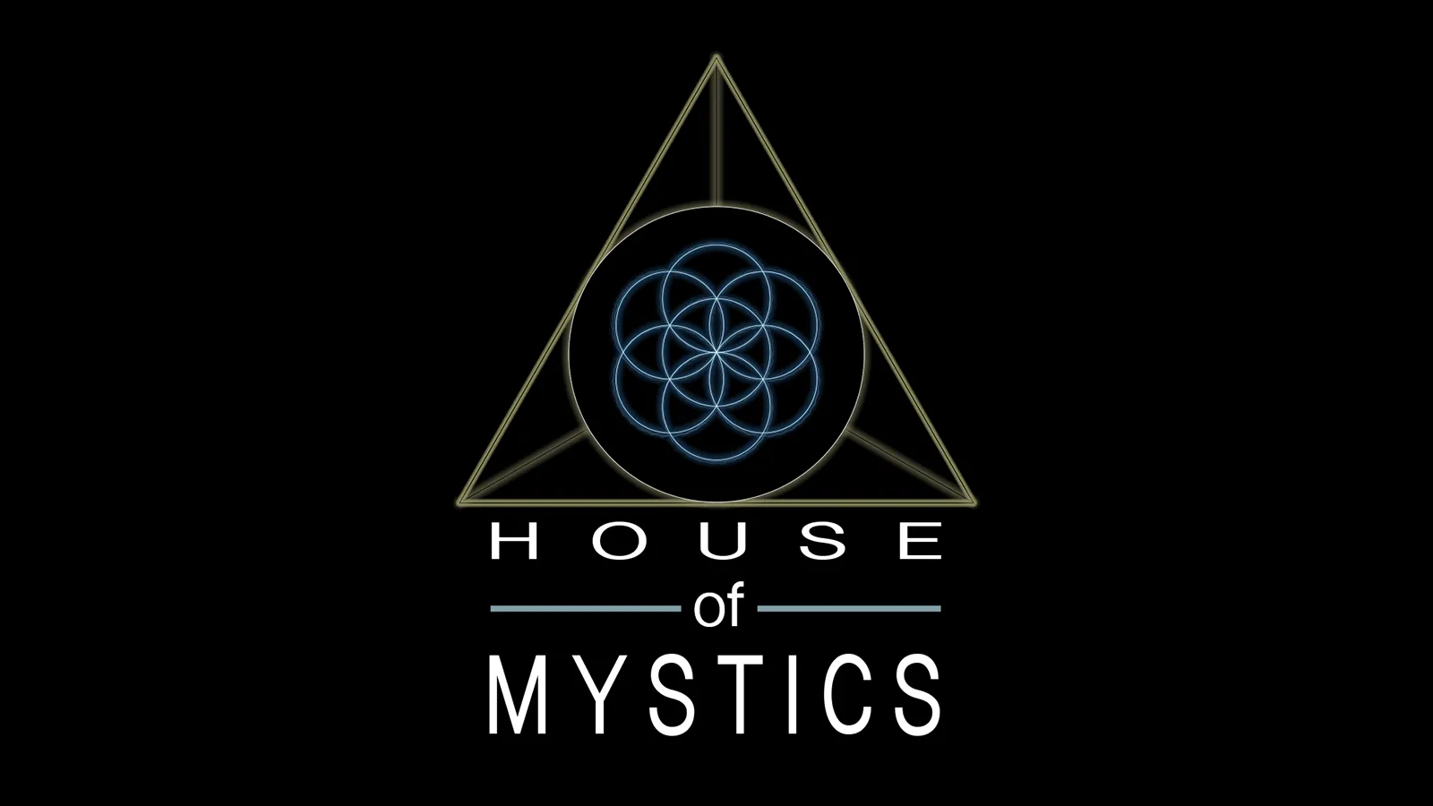 The finished House of Mystics logo in color: a seed of life inside a circle, held within a three-dimensional triangle, above the stacked words HOUSE of MYSTICS.