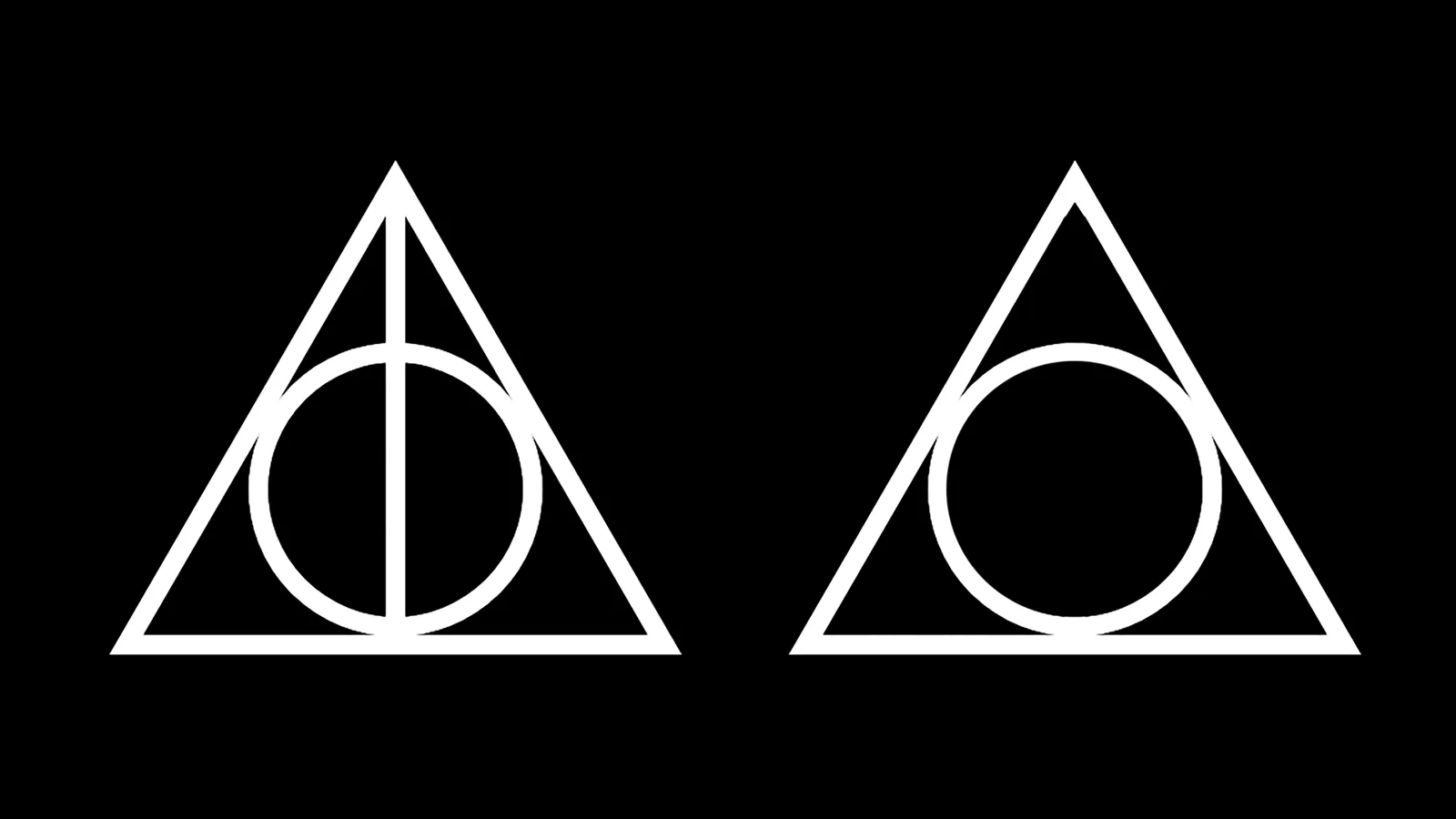 The Deathly Hallows symbol shown before and after removing the wand, leaving a circle contained within a triangle.