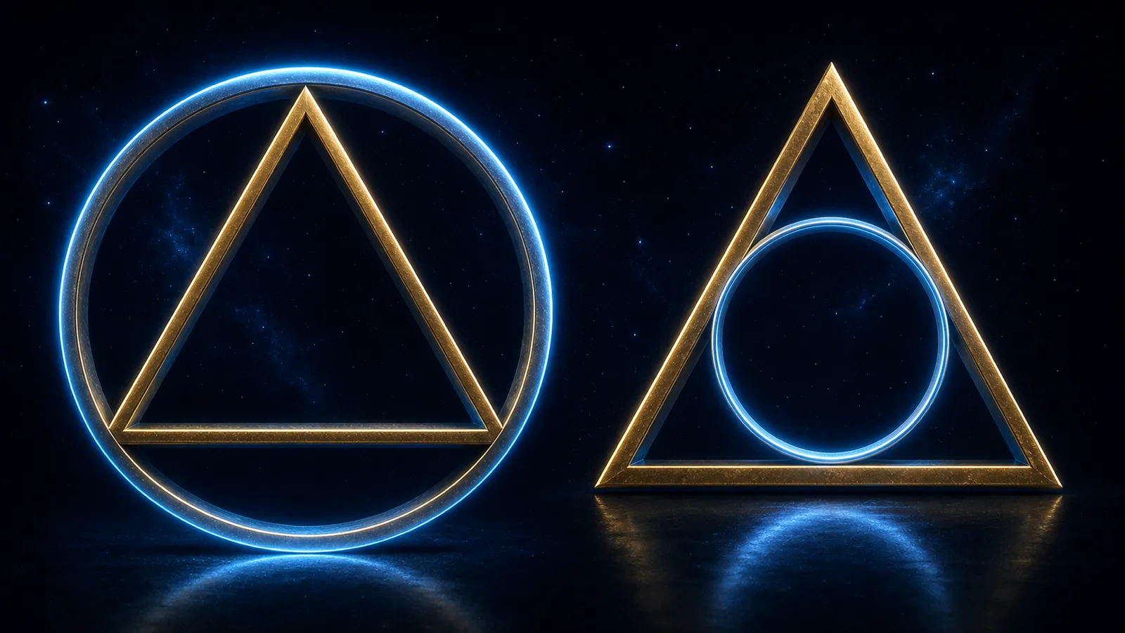 Two arrangements compared: a triangle inside a circle, and a circle inside a triangle, as it appears in the House of Mystics logo.