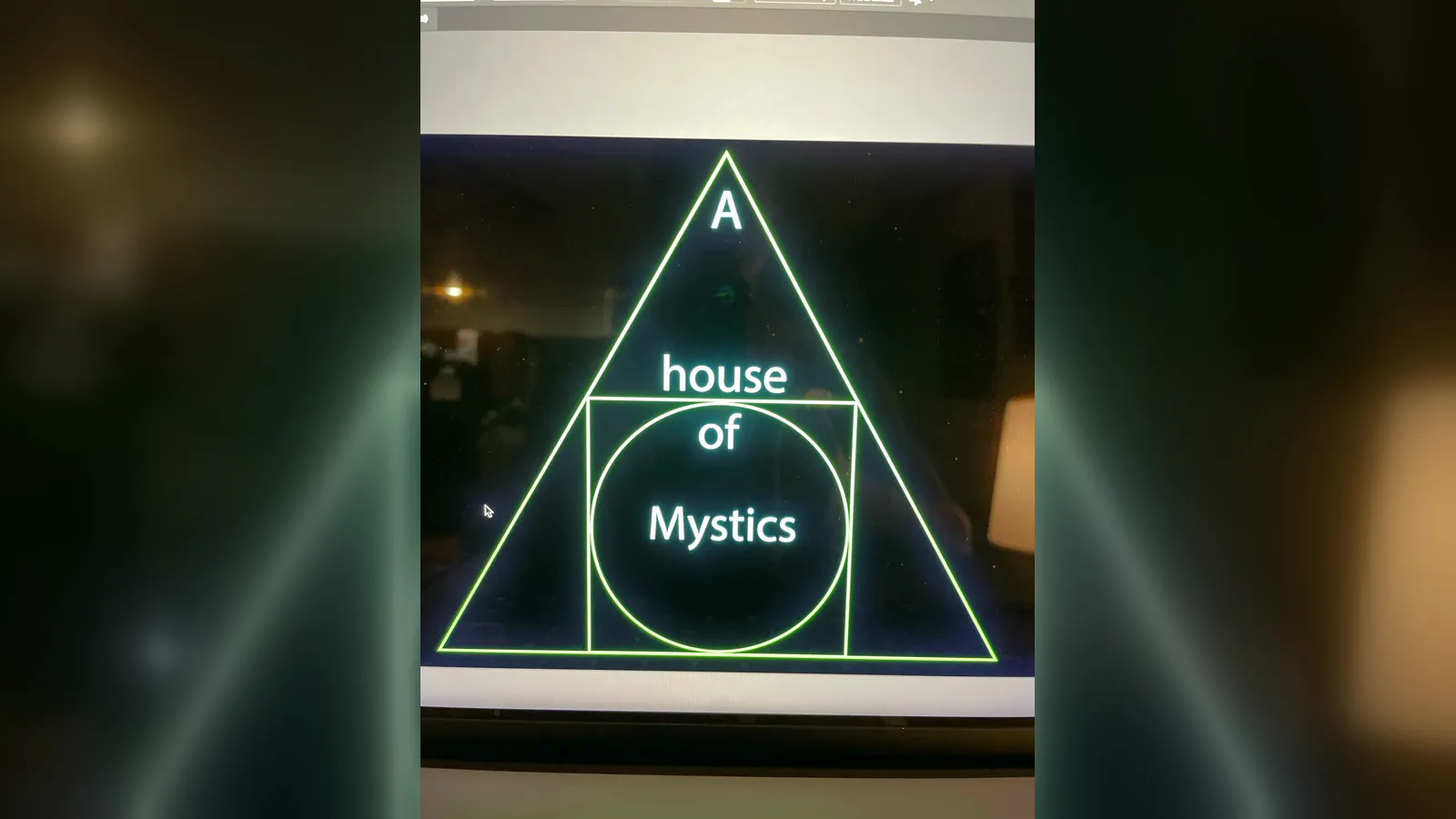 The original digital sketch of the logo, with a square drawn within the triangle and a circle inside the square, reading as A house of Mystics.
