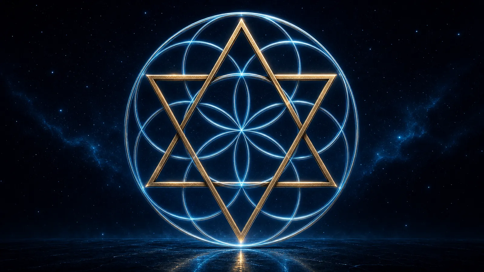 Several overlapping circles forming the Seed of Life, with a star tetrahedron emerging from their relationships.