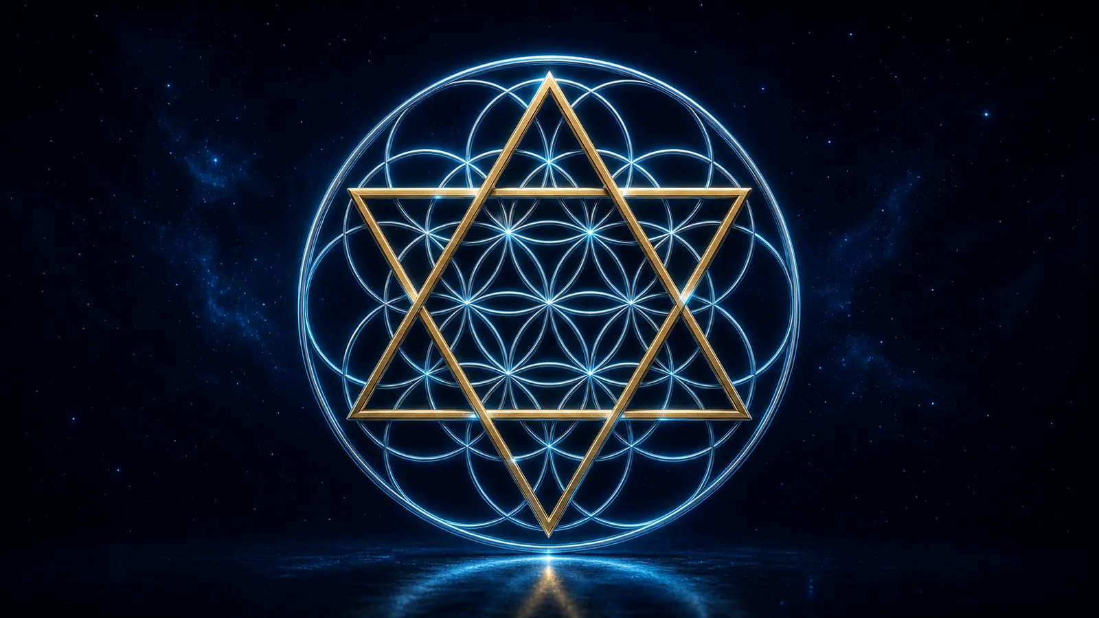 The expanded Flower of Life pattern with a star tetrahedron revealed inside it.