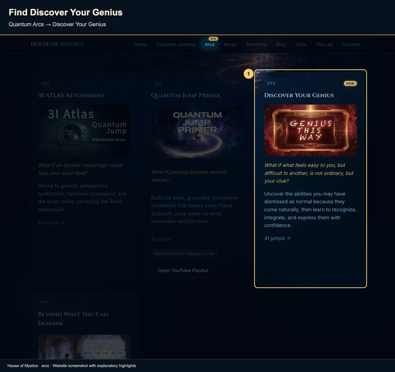 The Discover Your Genius card and Arcs navigation are bright, with the other library cards dimmed.