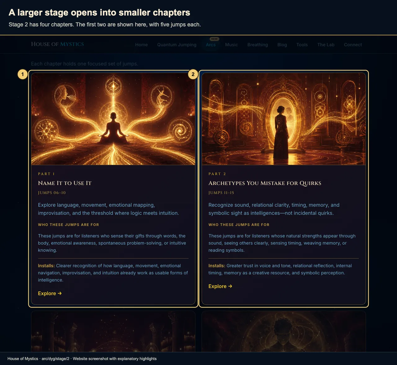 The first two Stage 2 chapter cards are highlighted with their titles, jump ranges, audience summaries, and Installs sections.