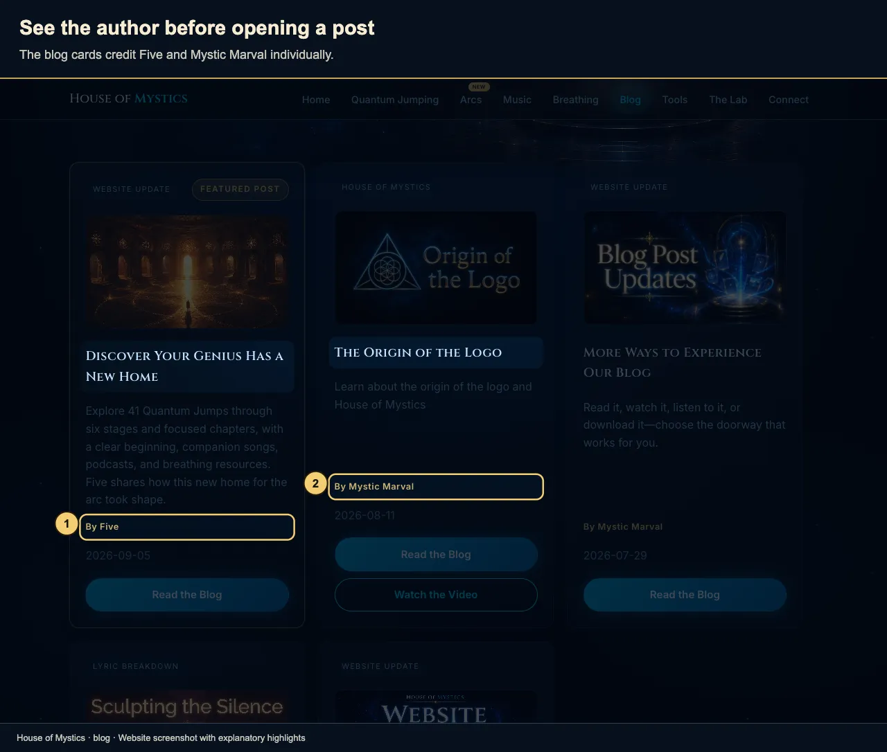 Gold outlines highlight By Five and By Mystic Marval beneath their respective blog summaries.