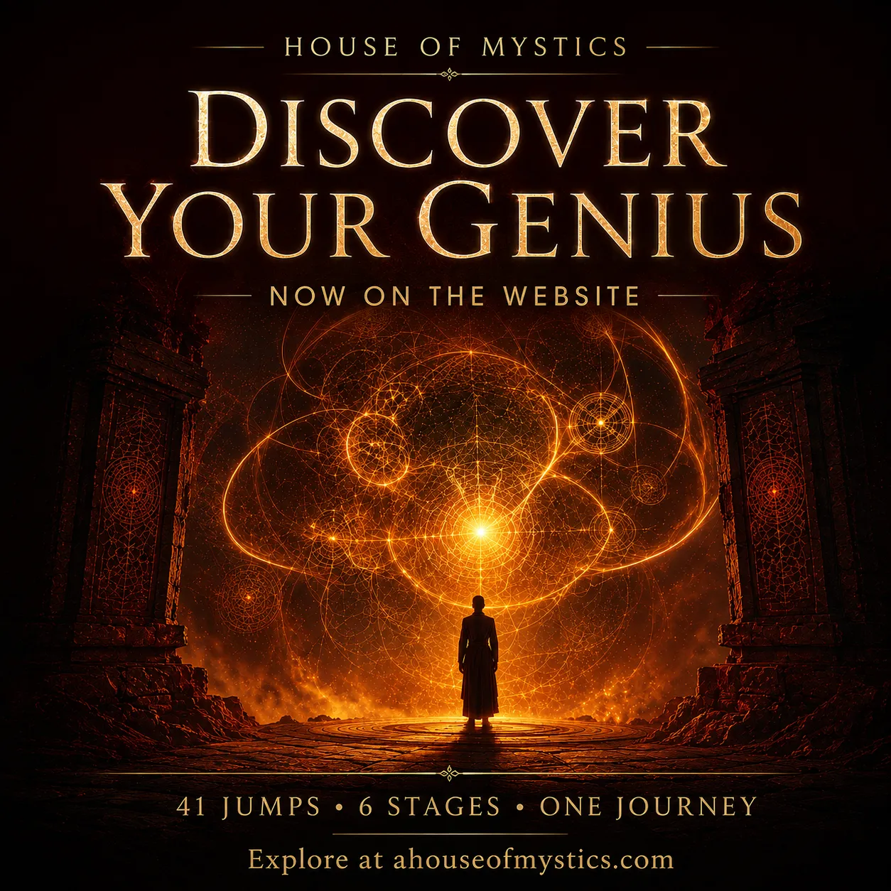 Gold announcement artwork for Discover Your Genius, showing a figure facing a luminous cosmos and the words 41 jumps, 6 stages, one journey.
