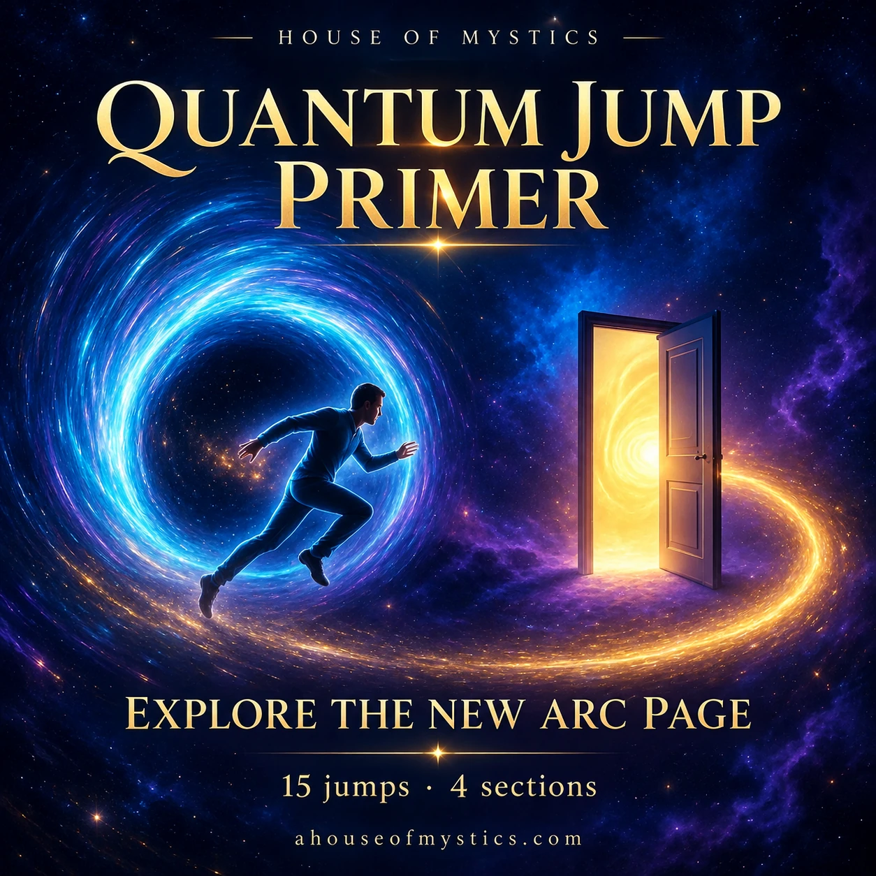 Quantum Jump Primer announcement artwork showing a person moving between a blue portal and a gold doorway, with the words 15 jumps and 4 sections.
