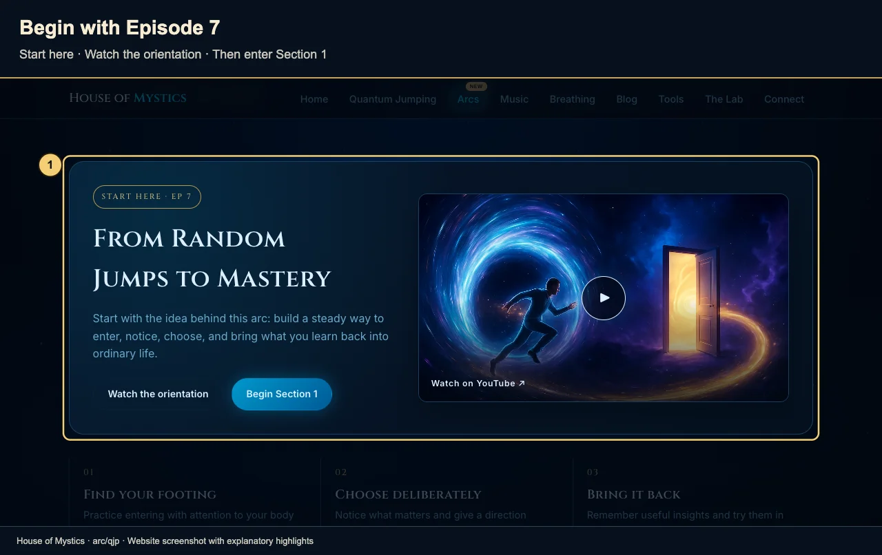 The Episode 7 orientation card is highlighted with its watch and Begin Section 1 actions.
