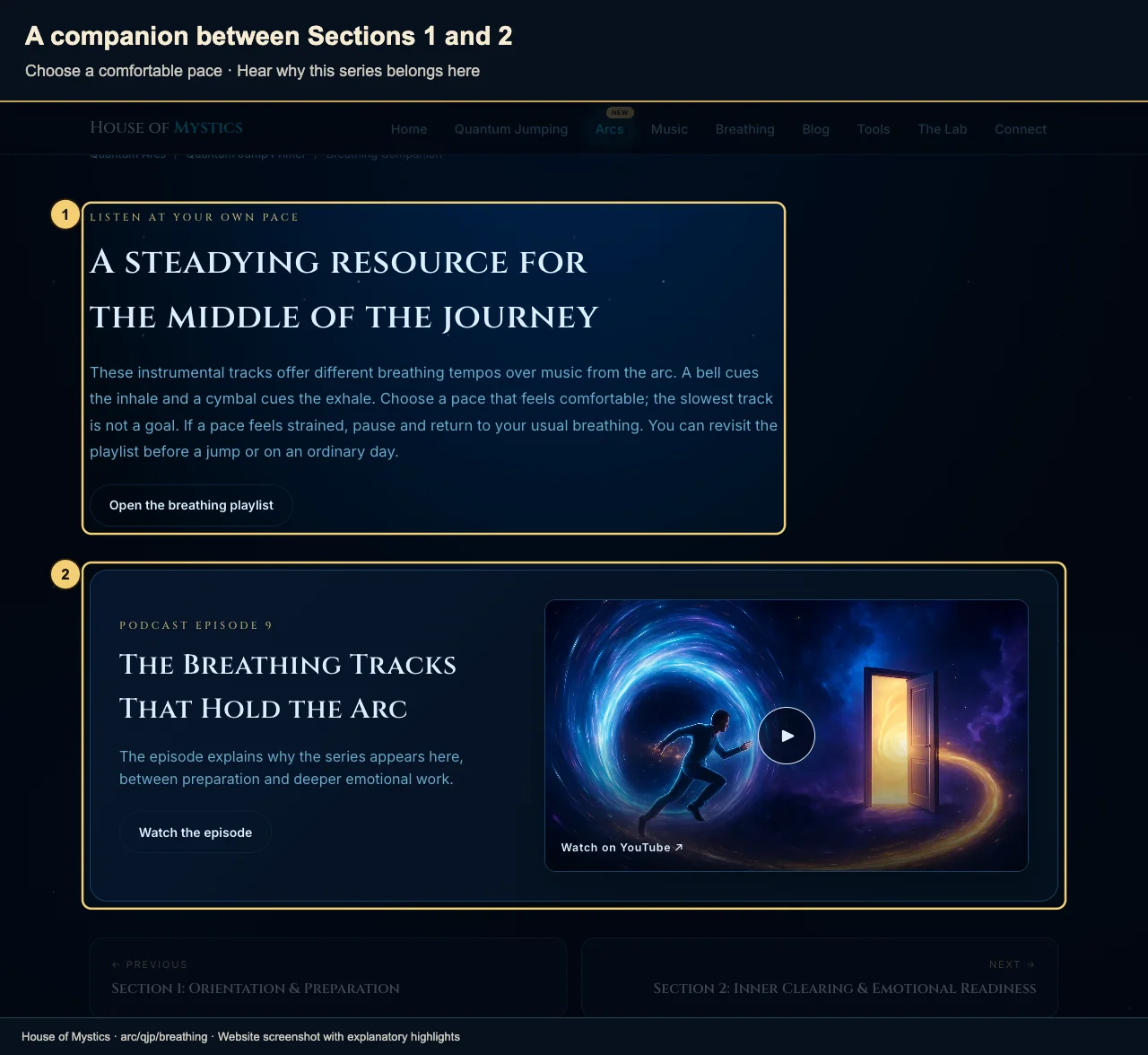 The breathing guide and Episode 9 podcast card are highlighted on the Primer companion page.