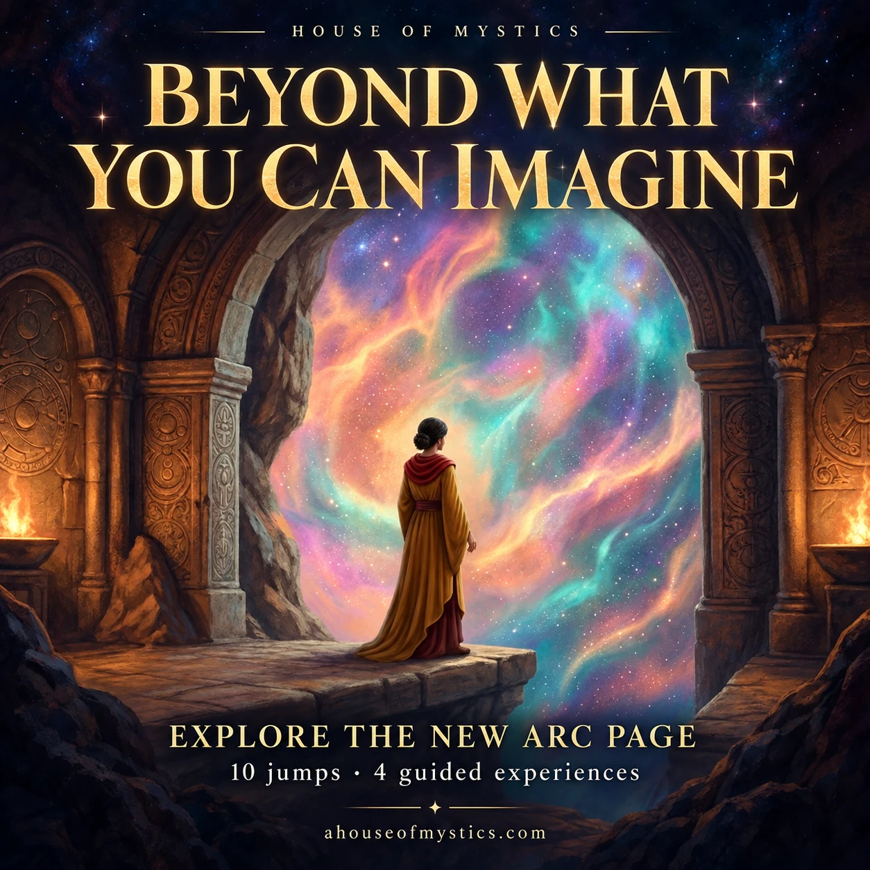 Beyond What You Can Imagine announcement artwork showing a figure at a cosmic doorway, with the words 10 jumps and 4 guided experiences.