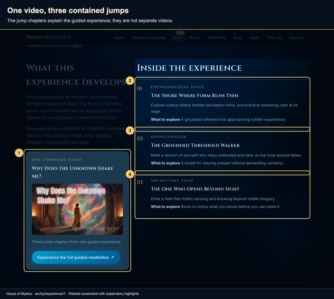 The combined video action and three contained jump chapter cards are highlighted on Experience 1.