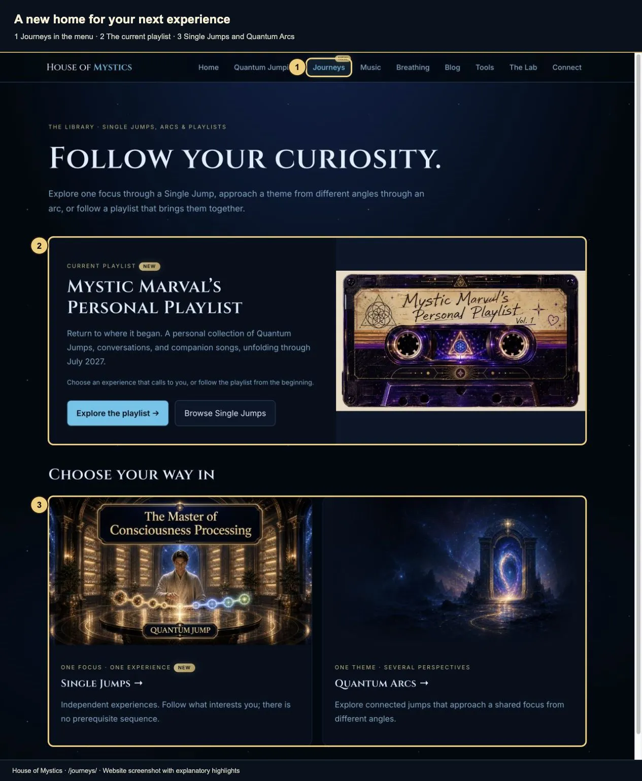 The Journeys navigation link, Mystic Marval’s Personal Playlist feature, and Single Jumps and Quantum Arcs tiles are outlined in gold.