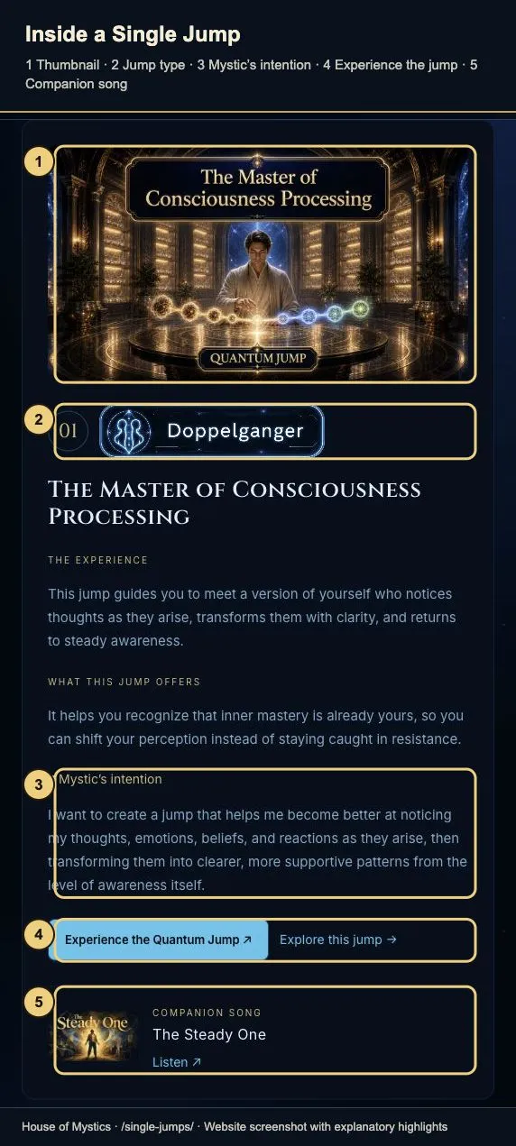 Five numbered gold callouts identify the thumbnail, Doppelganger type artwork, expanded Mystic’s intention, Experience the Quantum Jump button, and The Steady One companion song.