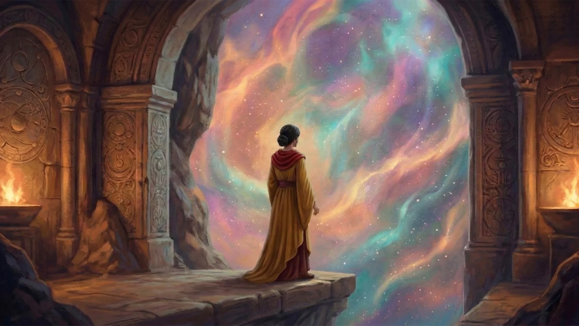 A woman faces a luminous threshold beyond a stone arch